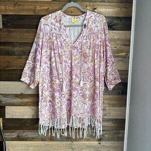 Roberta Roller Rabbit Women Cotton Paisley Floral Fringe Tunic XXS Pink Relaxed